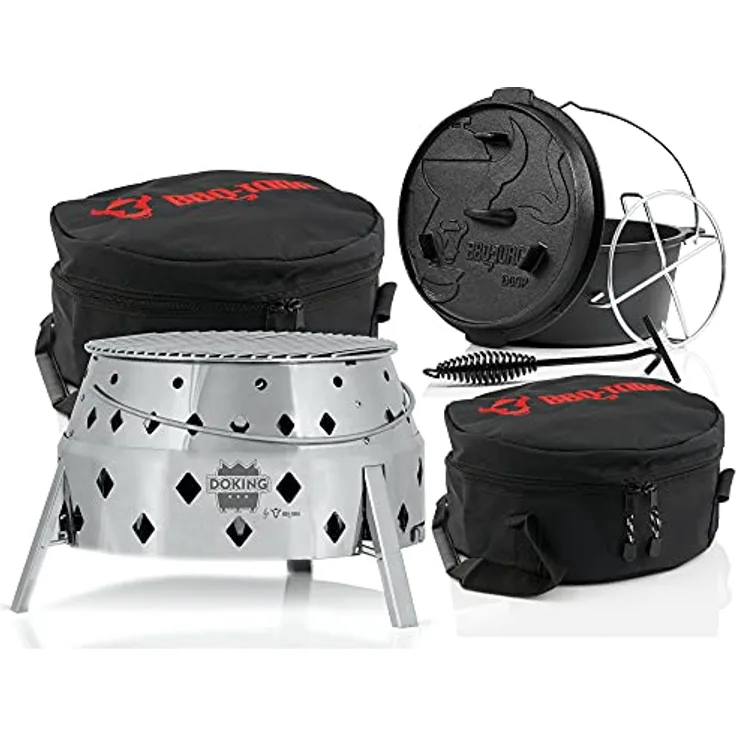 BBQ-Toro 6-teiliges Dutch Oven Set "DOKING" | Multifunktionaler Dutch Oven Grill mit Grillpfanne, Deckelheber und Tragetasche | 3-in-1 Faltgrill für 9 QT Dutch Oven