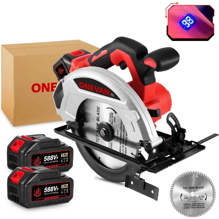 ONEVAN Akku-Handkreissäge, Bürstenlose Kreissäge mit 2000 W, 9000 U/min, 185 mm Sägeblattdurchmesser, 45 mm Schnitttiefe, rot, inkl. 2 Akkus