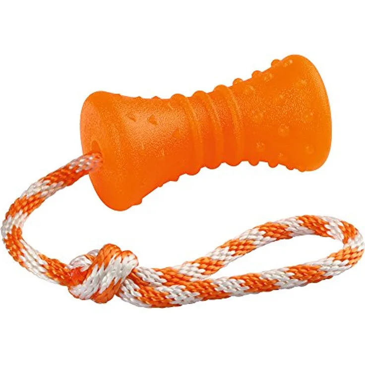 Kerbl Pet Knochen am Seil, Tierspielzeug aus thermoplastischem Gummi, robust und bissfest, 30 cm, orange