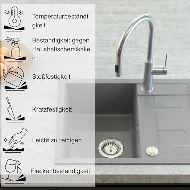 QUADRON MORGAN 116 Granit Küchenspüle, Einzelbecken mit Abtropffläche, 62 x 50 x 22 cm, Farbe: Weiß & Stahl, stoß- und kratzfest, fleckenbeständig, hygienisch und pflegeleicht – Bild 3