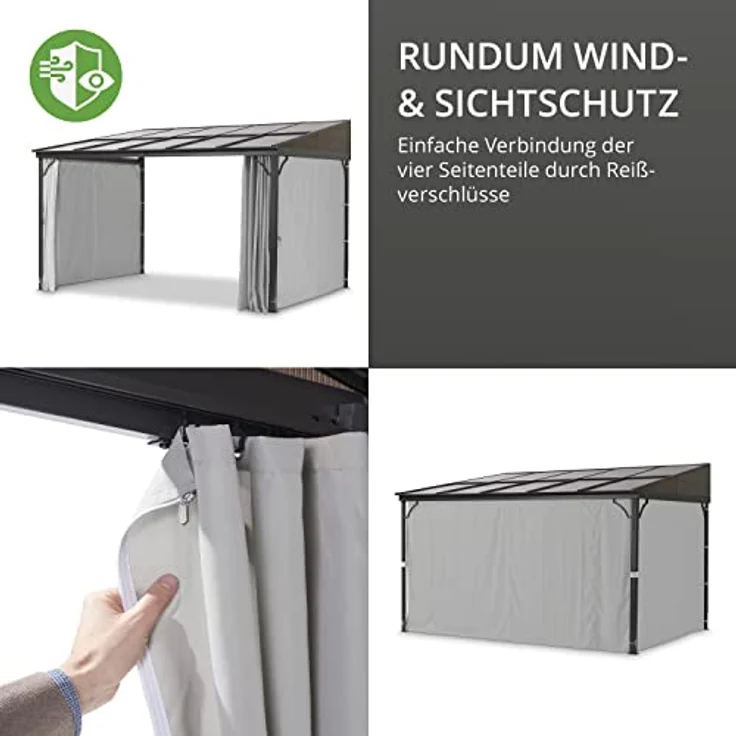 LECO Terrassenüberdachung – freistehende 3 x 4 m Überdachung mit wasserdichtem Hardtop-Dach (Polycarbonat-Doppelstegplatten) und verschließbaren Seitenteilen - lichtgrau - Preisvergleich – Bild 4