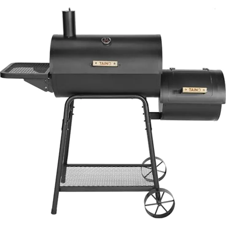 TAINO KAMAYO Smoker Räucherofen, kompakter Holzkohle-Grillwagen 132x56x118 cm mit 3-teiligem Gusseisen-Grillrost und klappbarem Seitentisch