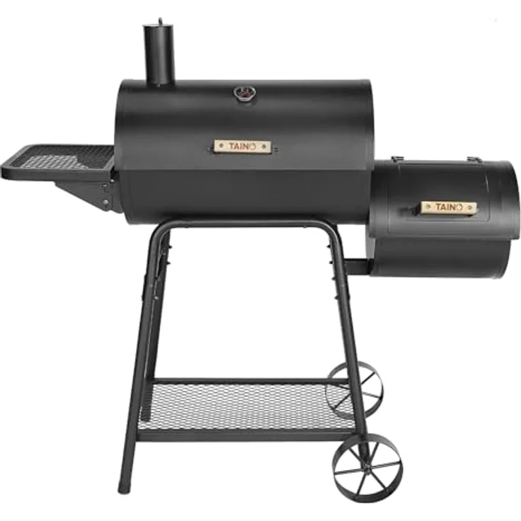 TAINO KAMAYO Smoker Räucherofen, kompakter Holzkohle-Grillwagen 132x56x118 cm mit 3-teiligem Gusseisen-Grillrost und klappbarem Seitentisch – Bild 1