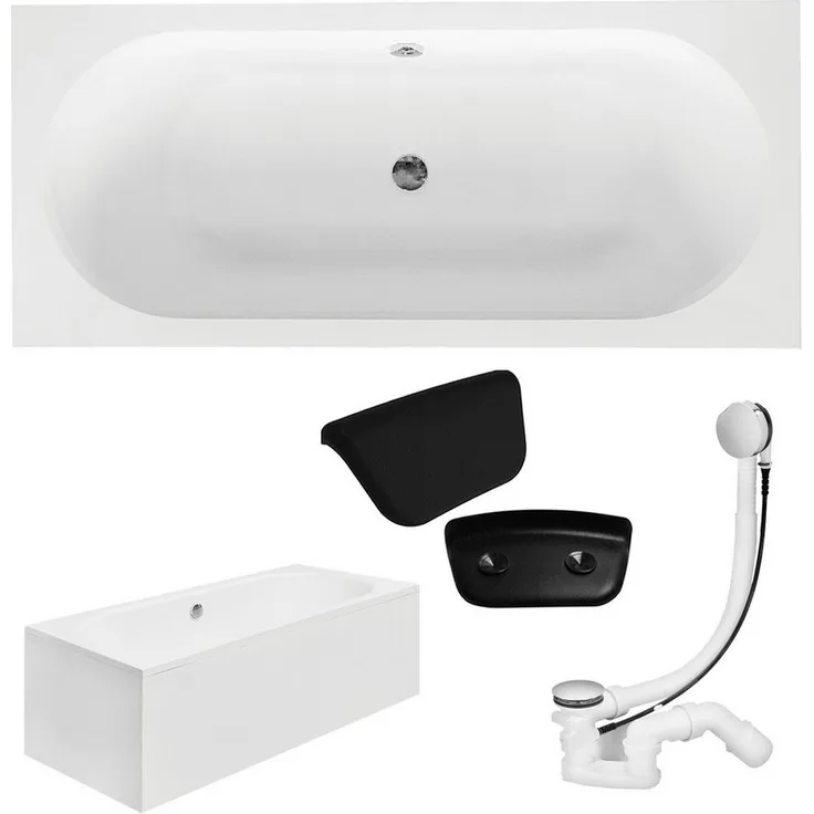 KOLMAN Badewanne Rechteck VITAE 160x75, weiße Acrylwanne mit Acrylschürze und schwarzer Kopfstütze