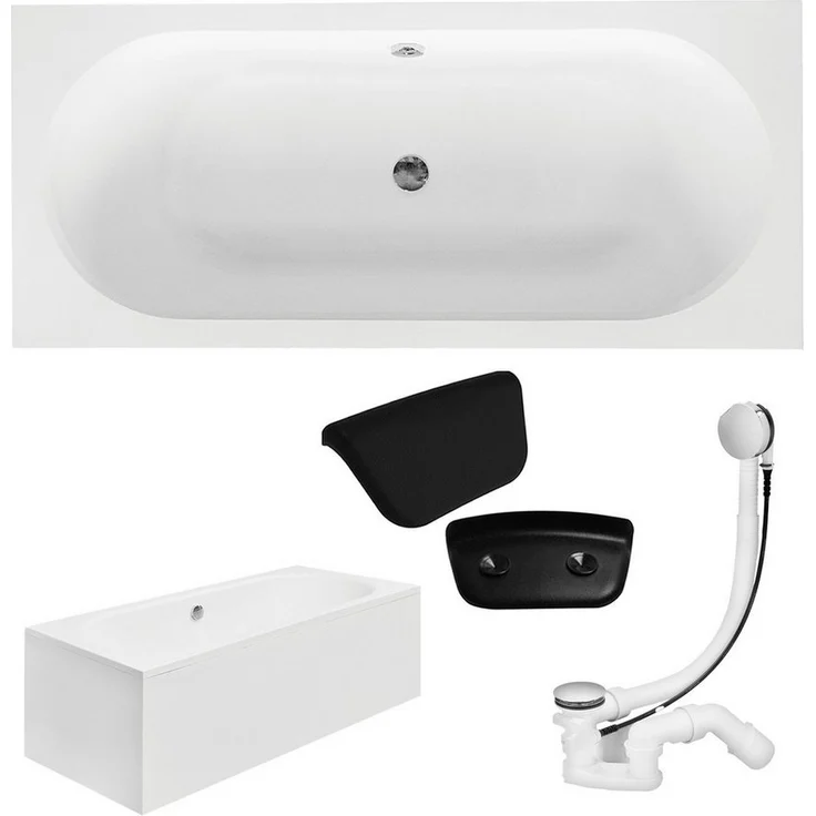 KOLMAN Badewanne Rechteck VITAE 160x75, weiße Acrylwanne mit Acrylschürze und schwarzer Kopfstütze