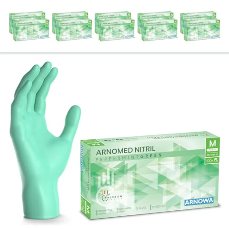 ARNOMED Nitril Einweghandschuhe, 1000 Stk (10x100), puderfrei, grün, Größe M, hautfreundlich, lebensmittelecht, latexfrei – Bild 1