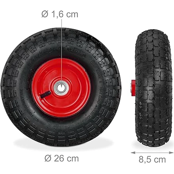 2x Sackkarrenrad 4.1-3.5-4, luftbereifte Ersatzräder, 16mm Achse, bis 136kg, Stahlfelge, 260x85mm, schwarz-rot – Bild 5