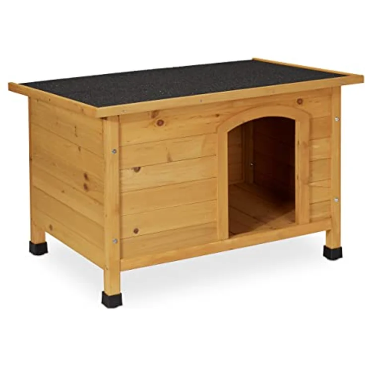 Relaxdays Hundehütte, HxBxT: 58 x 86 x 58 cm, wetterfestes Hundehaus, Holz, Dachpappe, Hundevilla Outdoor, Natur/schwarz – Bild 1