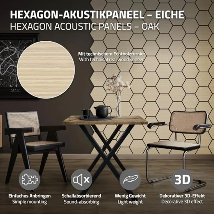 ML DESIGN 2er Set Akustikpaneele 66x81x2cm, Hexagon-Holzoptik in Eiche, MDF-Schallabsorber mit hervorragender Geräuschdämmung für Büro und Studio – Bild 2