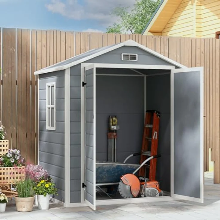 Outsunny Gerätehaus mit Pultdach 2,12 m² Gartenhaus mit Fenster Geräteschuppen Abschließbarer Geräteschrank mit Handschuhe für Garten Balkon Grau 183 x 134 x 210 cm – Bild 2