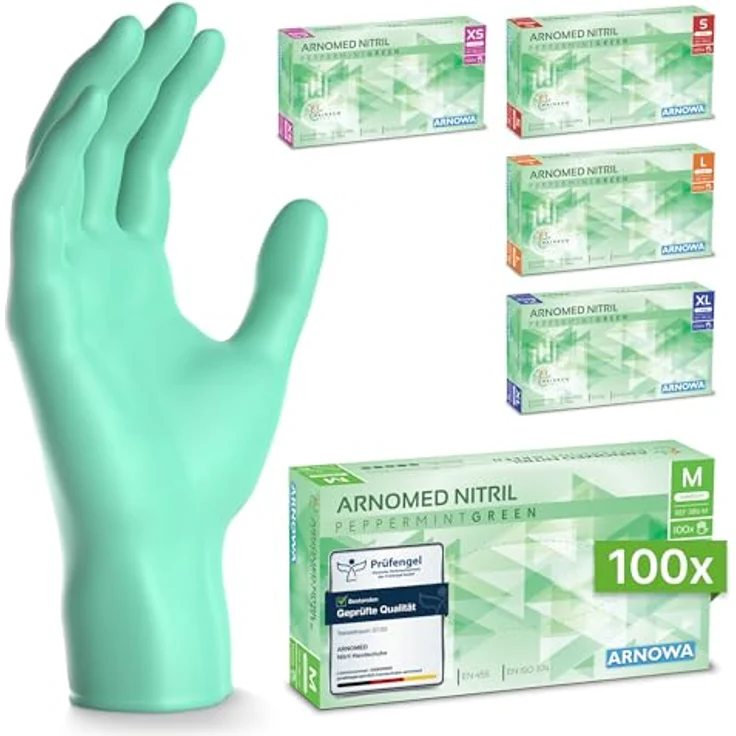 ARNOMED Einweghandschuhe Grün, Nitrilhandschuhe M, puderfrei, latexfrei, 100 Stück/Box, für Hygiene und Reinigung – Bild 1