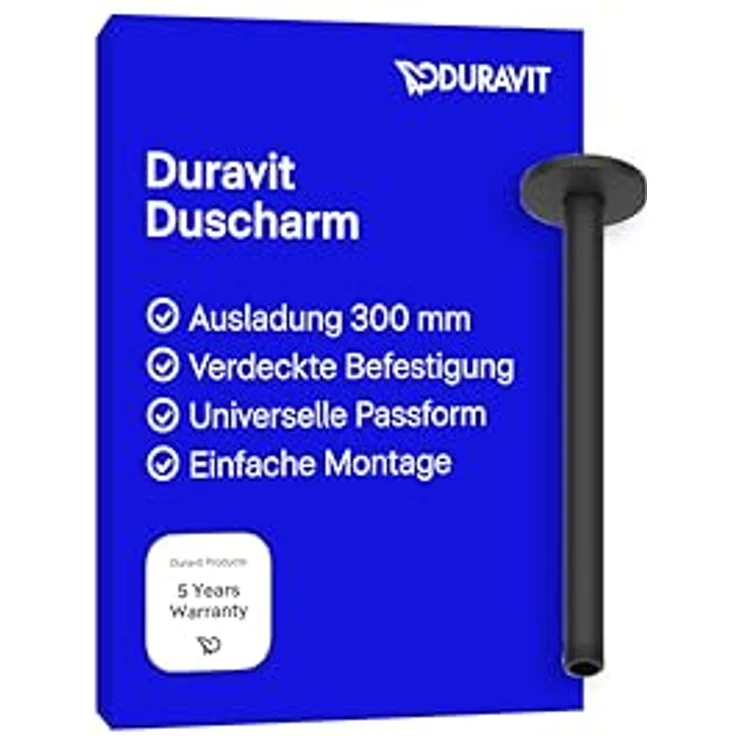 Duravit Universal Duscharm, Duscharmatur mit Deckenbefestigung, rund, 300 mm, Schwarz Matt, inklusive Befestigungsmaterial und Montageanleitung – Bild 1