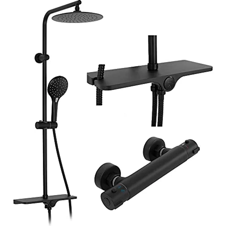 Rea Duschsäulen-Set Mike Black, Messing-Duschsystem mit 25x25 cm Kopfbrause und Thermostat, Aufputzmontage, schwarz – Bild 1