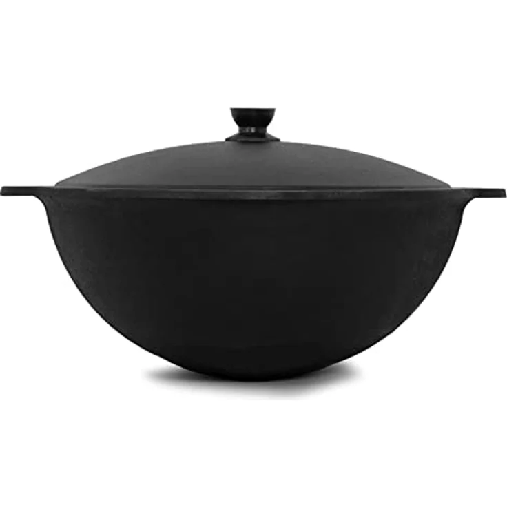 4BIG.fun Wok Gusseisen 10 L (rund) Kazan mit Schaumkelle NAMANGAN Uzbek Asia WOK Cast Iron Camping Usbek Grillwok Gusstopf - Aluminiumdeckel - Schwarz – Bild 5