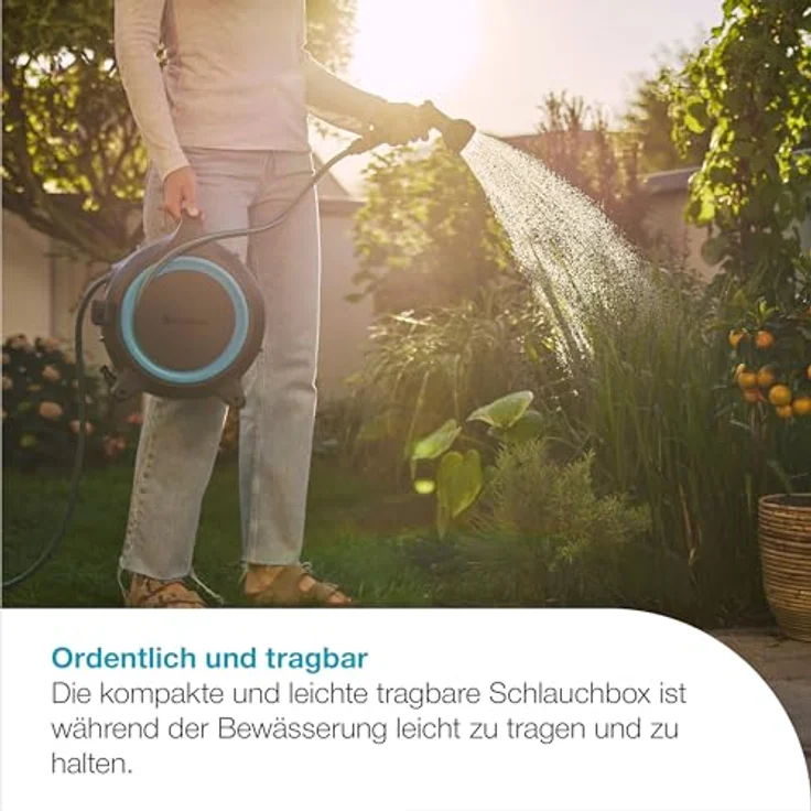 Gardena MoveMatic Mobile Schlauchbox, tragbare Schlauchaufbewahrung mit 12,5 m Einziehbarem Gartenschlauch, Platzsparend für Balkone und kleine Gärten, sofort einsatzbereit (18690-20) – Bild 2