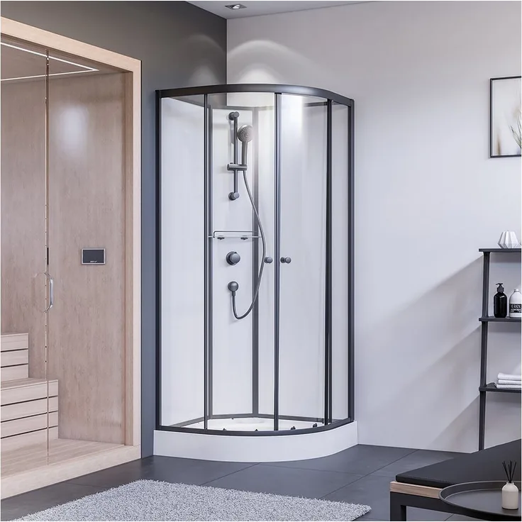 BREUER Eckdusche Komplett-Runddusche mit Schiebetür schwarz matt Klarglas, 5 mm Sicherheitsglas und ausschwenkbare Türelemente