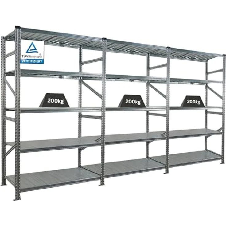 Proregal PROXIMO Metallregal Fachbodenregal, 200 x 360 x 60 cm, 5 Böden, Traglast 200 kg pro Boden, verzinkter Stahl, schraubenloses Stecksystem – Bild 1