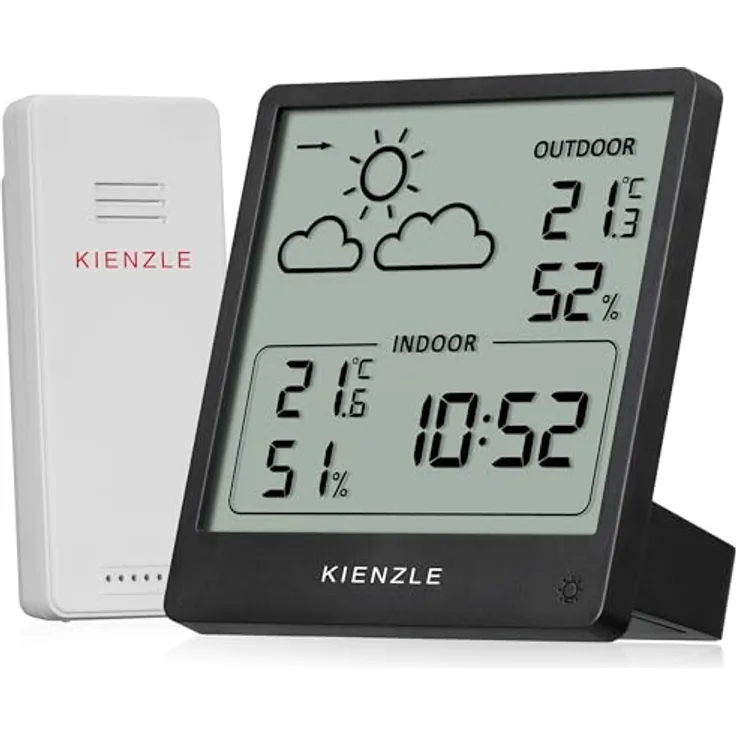 Kienzle Funk-Wetterstation Slim Schwarz, Wetterstation mit Innentemperatur- und Luftfeuchtigkeitsmessung, Außensensor und Wettervorhersage mit Trendanzeige
