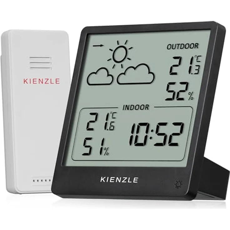 Kienzle Funk-Wetterstation Slim Schwarz, Wetterstation mit Innentemperatur- und Luftfeuchtigkeitsmessung, Außensensor und Wettervorhersage mit Trendanzeige – Bild 1