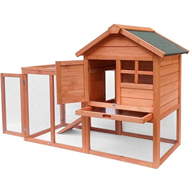 Wiltec Hasenstall 1220 x 630 x 920 mm mit Freilaufgehege und erhöhtem Unterschlupf, Fichtenholz, 2 Etagen, Kleintierstall, grün
