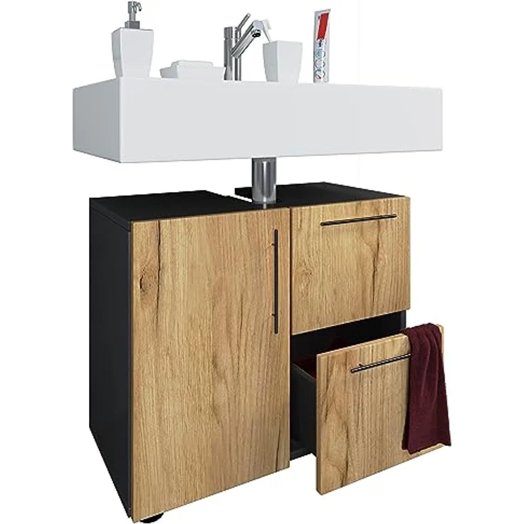 VCM Badmöbel Badunterschrank Waschbeckenunterschrank Badezimmer Flandu Schublade Anthrazit/Honig-Eiche – Bild 4