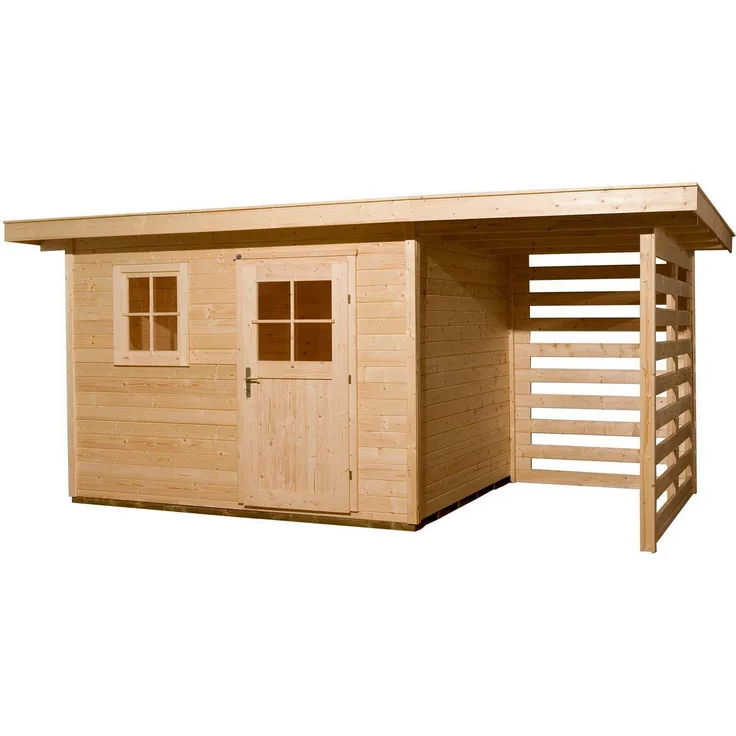 Weka Gartenhaus 170 A Gr.1, 28 mm, natur Holzlagerplatz 150 cm, BxT: 430x280 cm, Blockbohlen, Flachdach, Massivholzboden, Rahmen-Einzeltür, Dreh-/Kippfenster, Griffgarnitur mit Profilzylinderschloss