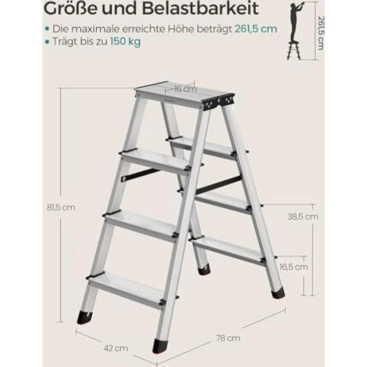 SONGMICS Aluleiter GLT014E01, klappbar mit 4 rutschfesten Stufen, bis 150 kg belastbar, Silbergrau-tintenschwarz – Bild 5
