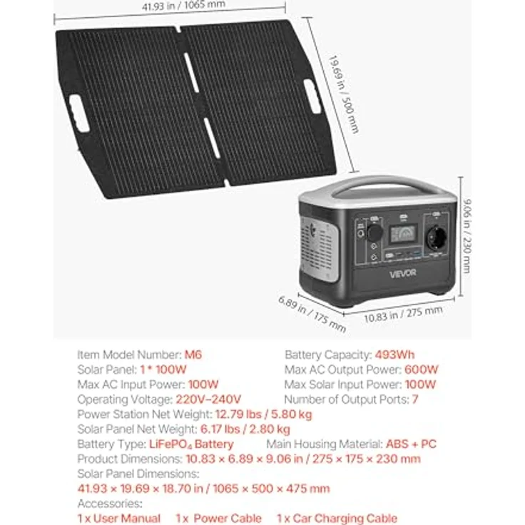 VEVOR Tragbare Powerstation M6, 493 Wh LiFePO4 Akku mit 100-W-Solarpanel, 600 W Solargenerator, 7 Ausgänge, ideal für Camping und Notstromversorgung – Bild 7