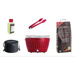 LotusGrill Starter-Set Classic 1x Grill Feuerrot mit USB-Anschluß, 1x Buchenholzkohle 2,5 kg, 1x Brennpaste 200ml, 1x Würstchenzange (Farbe nach Vorrat), 1x Transport-Tragetasche - der raucharme Holzkohlegrill
