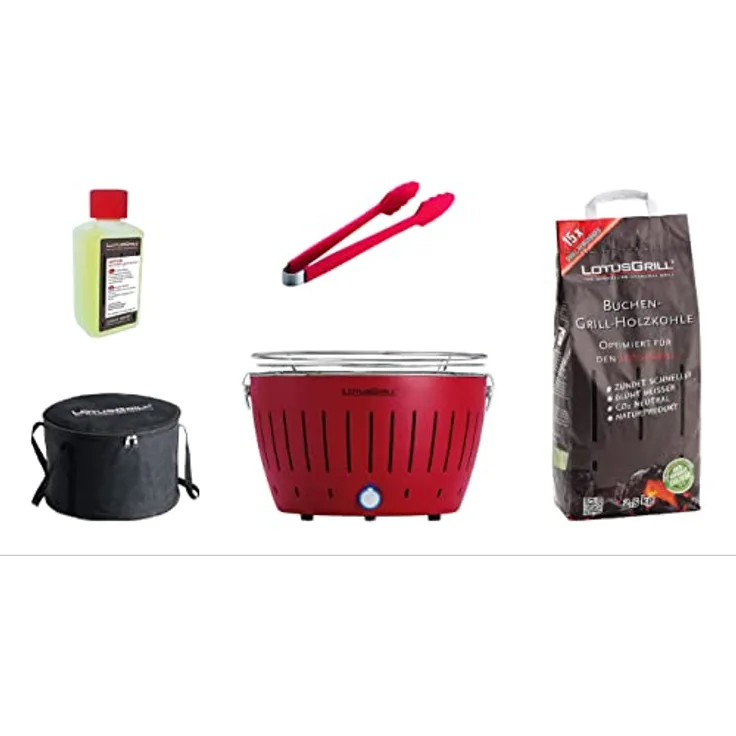 LotusGrill Starter-Set Classic 1x Grill Feuerrot mit USB-Anschluß, 1x Buchenholzkohle 2,5 kg, 1x Brennpaste 200ml, 1x Würstchenzange (Farbe nach Vorrat), 1x Transport-Tragetasche - der raucharme Holzkohlegrill