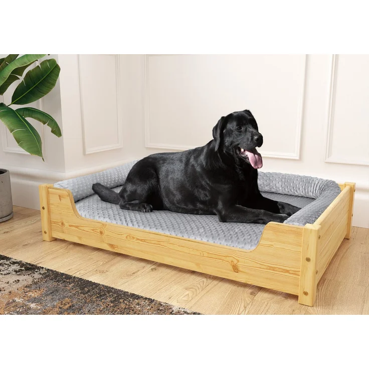 ERST-HOLZ Tierbett Hundebett für große Hunde 100x60 Kiefer Tierbett, stabil und gemütlich, mit Matratze und Kissenrolle, grau - Preisvergleich – Bild 1