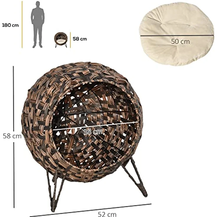 PawHut Katzenhöhle aus PE-Rattan, mit Kissen und erhöhten Füßen, braun, für Katzen bis 10 kg – Bild 5
