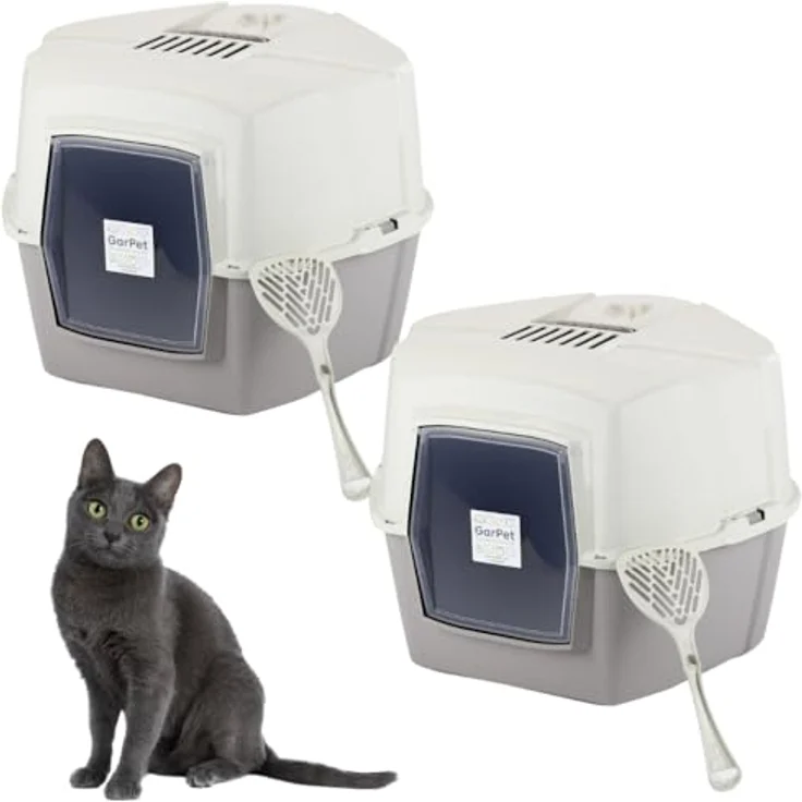 2X Große Eck Katzentoilette Katzenklo Ecke mit Deckel geschlossen XXL Ecktoilette Katzen Haubentoilette Filter Schaufel Doppelpack Sparpaket – Bild 1