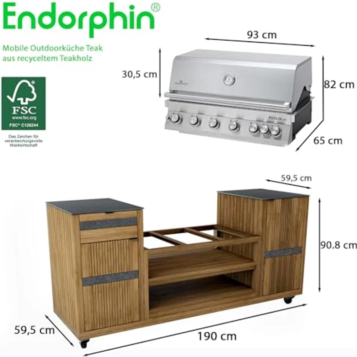 Endorphin Outdoorküche 2026, Mobile Grillstation mit integrierter Gasgrill-Technik, Teak-Wagen und silbernem Grill – Bild 3