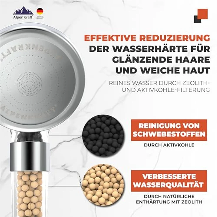 ALPENKRAFT Zugspitze Duschkopf Original Made in Germany - Duschkopf wassersparend und druckerhöhend - Hochdruckduschkopf mit Aktivkohle und Zeolith Filterperlen – Bild 3