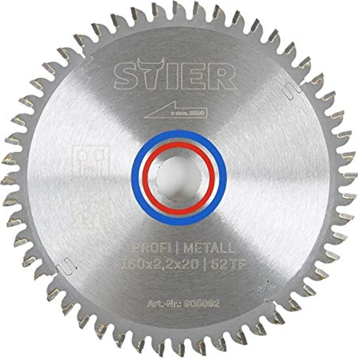 STIER Kreissägeblatt Profi Metall, 160 x 2,2 x 20mm, -5° neg. Spanwinkel, 52 gehärtete Zähne, Trapezflachzahn