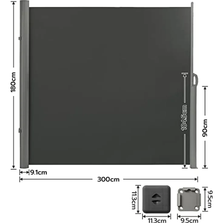 LARMNEE Alu-Seitenmarkise EGY183BP02, ausziehbar 180 x 300 cm, blickdicht, wasserdicht, UV-Schutz, Dunkelgrau – Bild 2