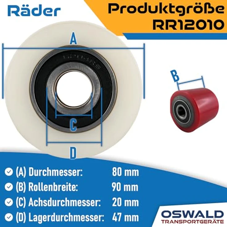 OSWALD Transportgeräte Gabelhubwagen Räder & Rollen Satz, 4-teilig, Gummi/Polyurethan, Tragkraft 500 kg, inkl. Kugellager – Bild 6