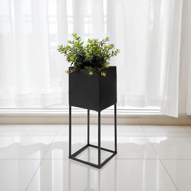 Spetebo Metall Blumentopf XL schwarz mit Gestell - 32 x 14 cm - Pflanzen Ständer eckig mit Übertopf - Innen Deko Blumenhocker Pflanzenständer Blumentopfhalter mit Topf – Bild 4