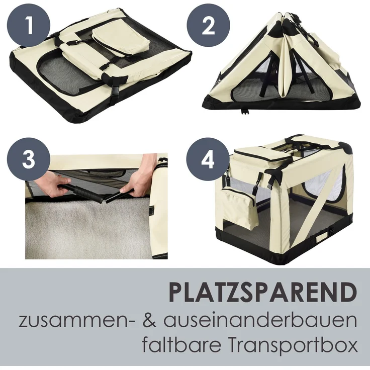 Juskys Hundetransportbox Lassie S (beige) faltbar - 34 x 50 x 36 cm - Hundetasche mit Decke, Tasche & Griffen – Stoff Transportbox für Hunde – Bild 3