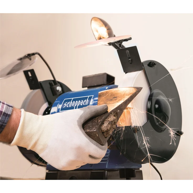 Scheppach Profi Doppelschleifer BG200AL mit Induktionsmotor und Arbeitslampe | 230V 550W - Ø200 mm Stein | K60 / K100 | Funkenschutz | Werkstückauflage & Schleifsteinabrichter | int. Wasserbehälter – Bild 4