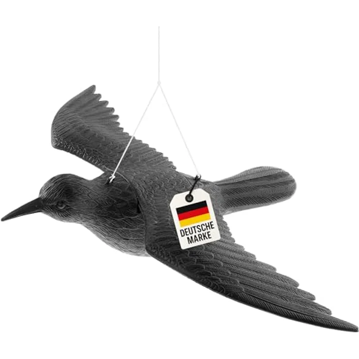 WELLGRO Vogelschreck Krähe, realistische Raben Attrappe zur Vogel- und Taubenabwehr, fliegend, schwarz, wetterfest aus Kunststoff für Balkon und Garten – Bild 1