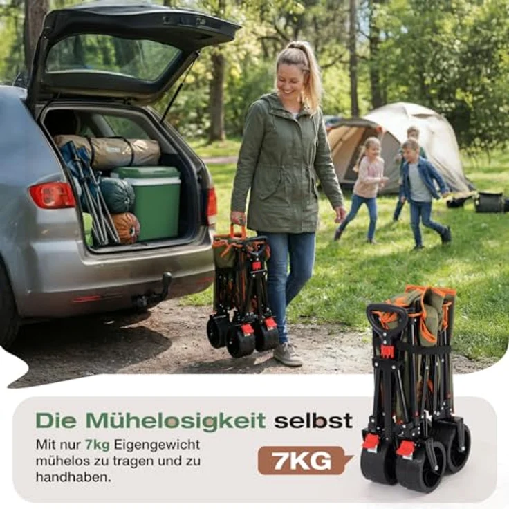 Sekey XXL Bollerwagen Faltbar, 135L Volumen, 150KG belastbar, leichte All-Terrain-Räder, breiter Handwagen mit Bremse, patentierter 4-Wege-Sofortaufbau, Grün mit Orange – Bild 4