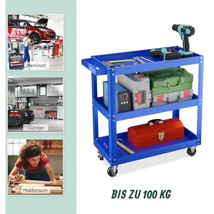 Relaxdays Werkstattwagen, mobiler Werkzeugwagen mit 3 Ablagen, bis 100 kg belastbar, HBT: 76x78x35 cm, blau – Bild 3