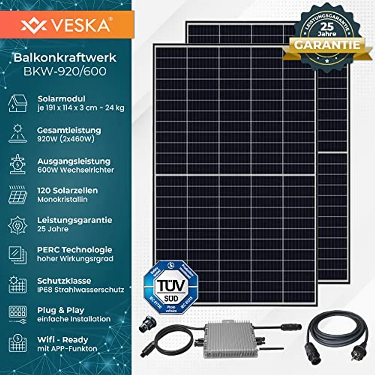 VESKA 920 W / 600 W Balkonkraftwerk Photovoltaik Solaranlage Steckerfertig WIFI Smart – Bild 3