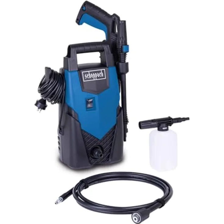 Scheppach Hochdruckreiniger HCE1400 mit Selbstansaugfunktion | 1400W Leistung | max. 110 bar Druck | Quick-Connect-System | 3m Hochdruckschlauch | inkl. Reinigungslanze & Zubehör