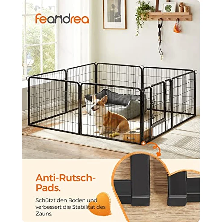 FEANDREA Hundezaun, 8 Platten DIY Hundepark, Doppel-L-Schloss, transportabel, 77 x 60 cm, für Innen, Außen, Terrasse, Hunde, Kaninchen, Hühner, schwarz – Bild 2