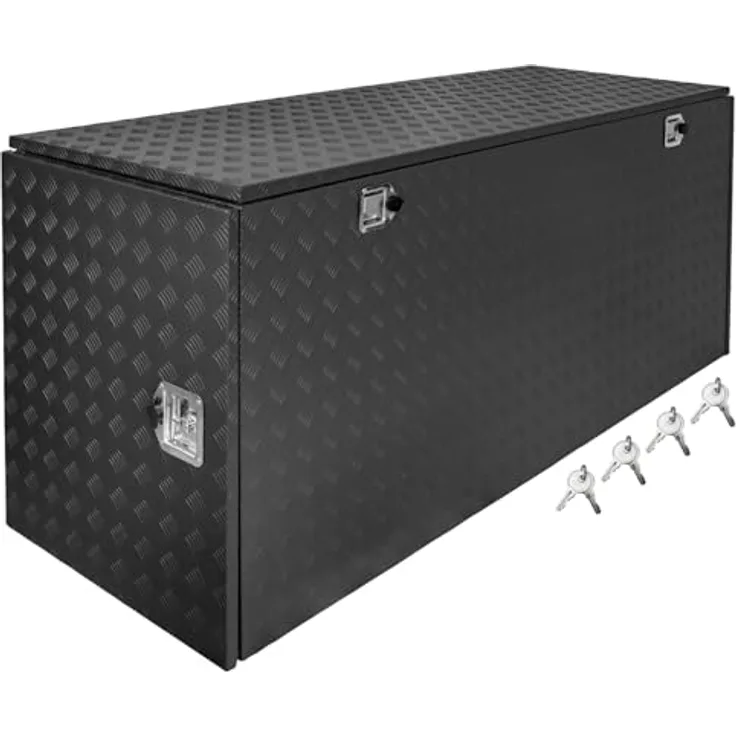 Trucky P900 Werkzeugbox, Aluminium Deichselbox Schwarz, 196 x 59 x 80 cm mit Schloss und wasserdichtem Design
