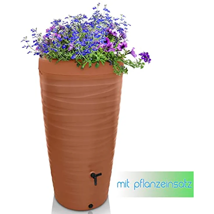 YourCasa Regentonne 240 Liter [Wave Design] Regenfass Frostsicher aus Kunststoff - Terracotta Regenwassertonne mit Wasserhahn - Modernes Regenwasserfass mit Pflanzschale – Bild 3