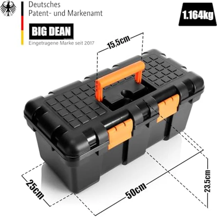 BigDean Werkzeugkoffer Hart-Kunststoff 50x25x23,5cm Schwarz-Orange mit Innenablage und hoher Belastbarkeit – Bild 3
